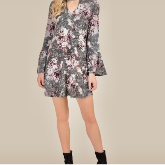 Alya Dresses & Skirts - NWOT! Pretty Francesca's ALYA Gray & Pink Floral Long Sleeve A line dress Size S